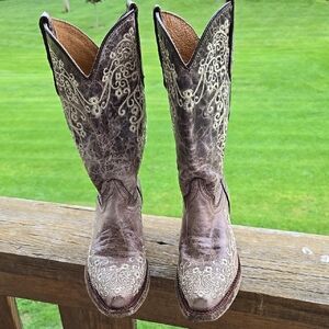 Corral Teens Girls Brown and Cream Embroidery Western Cowgirl Boots Size 2
